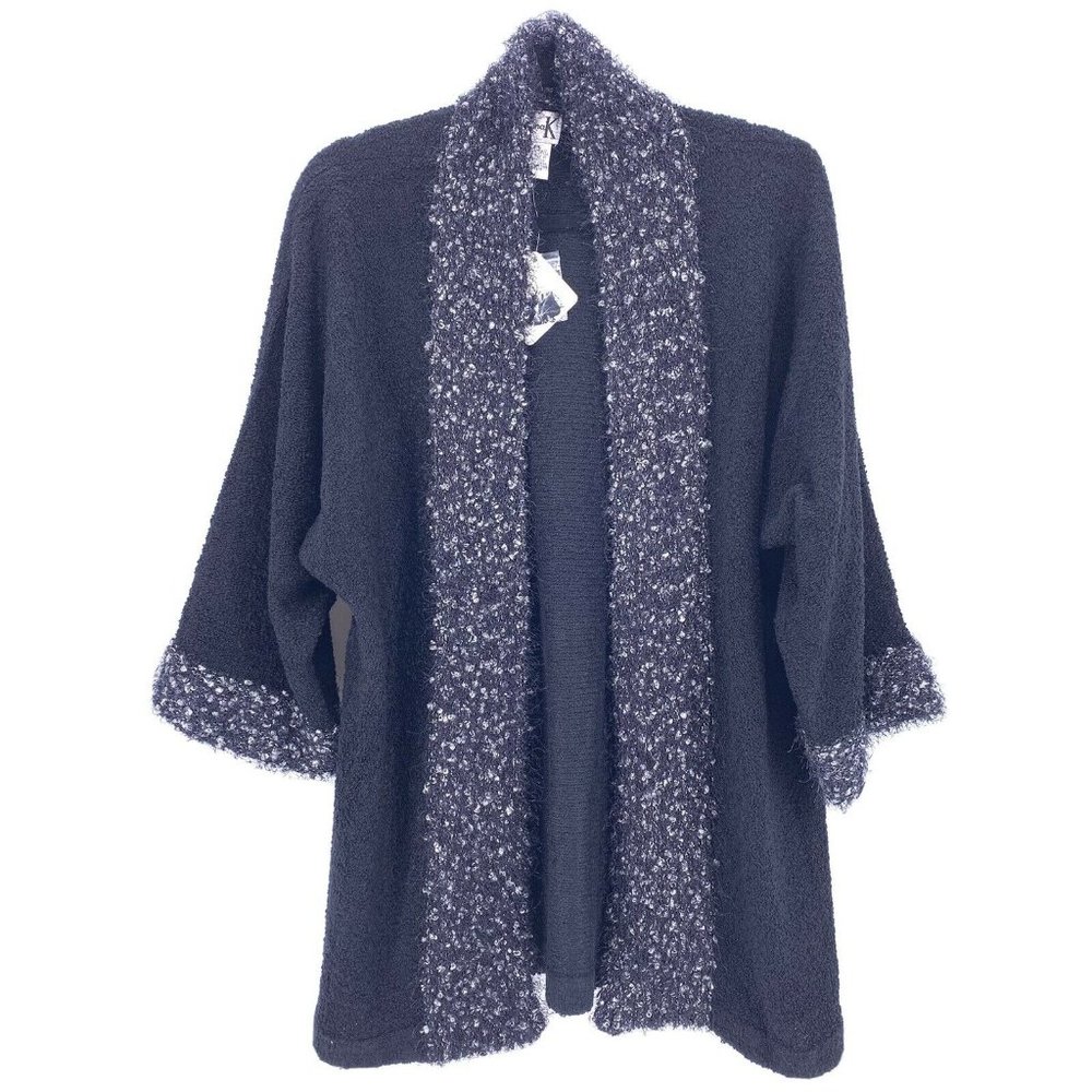 Shana K NWT Womens Open Cardigan Sweater Cozy Fuzzy Plus Sz 2X Black 3/4 sleeve